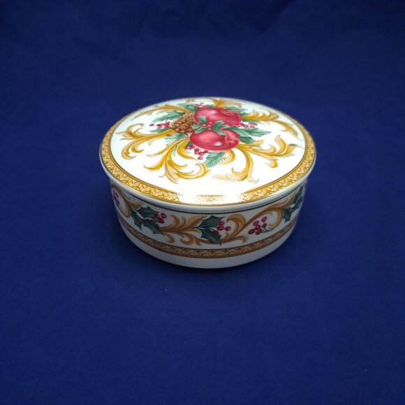 Mikasa Holiday Orchard Covered Candy Dish Trinket Box Christmas Gold Accents - Picture 2 of 13